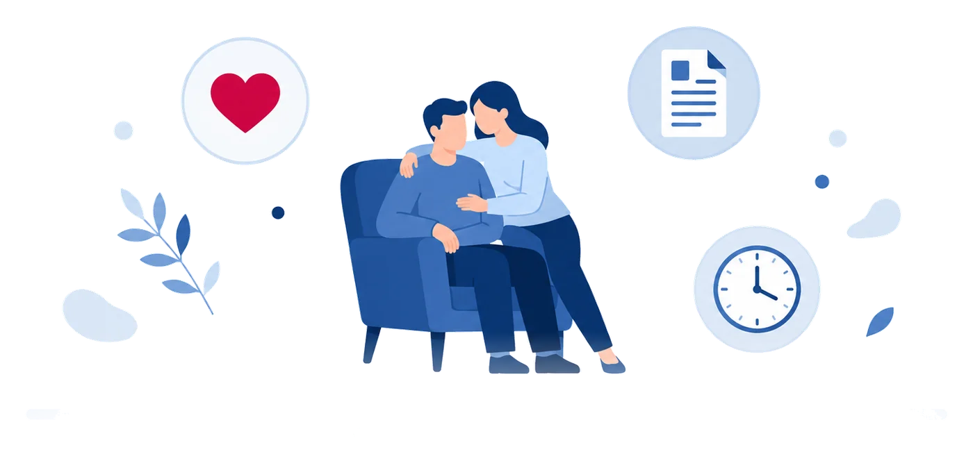 Couple embracing with heart, document, and clock emblems, flat vector living benefits illustration