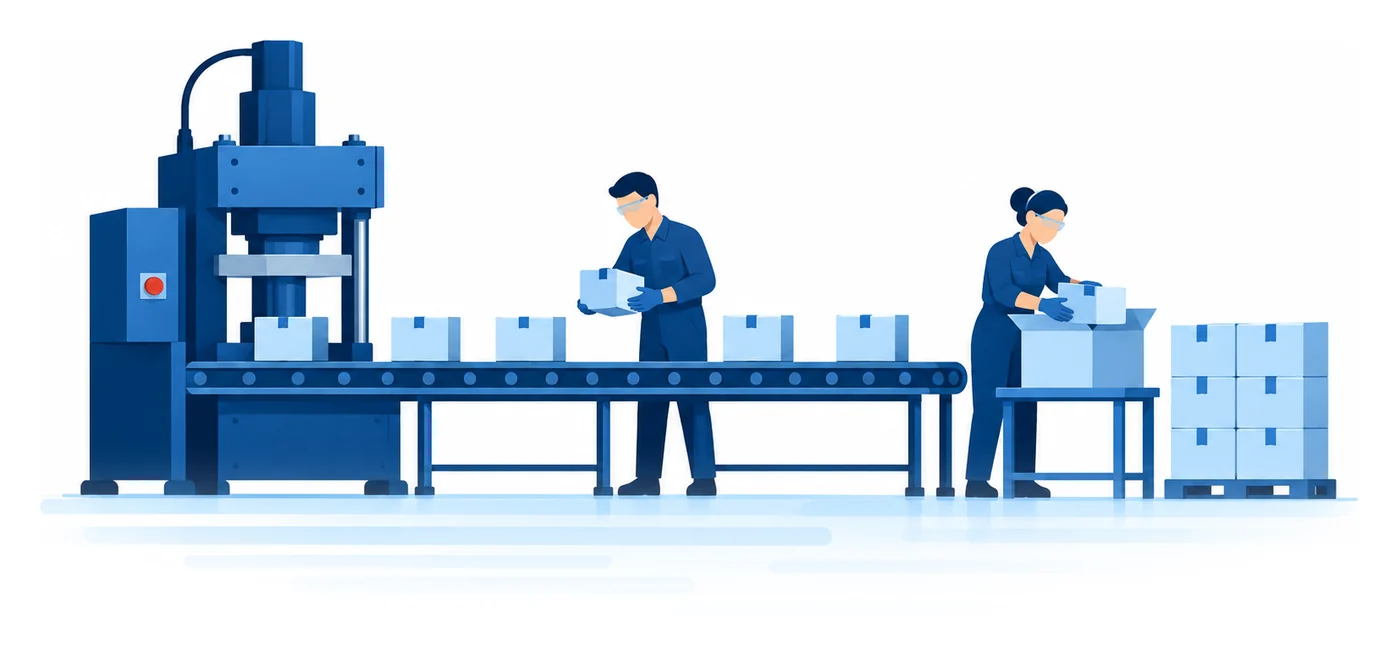 Two workers checking and packing products on a conveyor beside an industrial press in a Florida plant, flat vector manufacturing insurance illustration