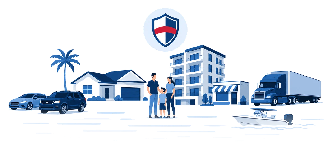 Familia de Florida, casa, negocios, vehículos, camión y bote bajo un escudo de protección — panorama de coberturas de American US Insurance