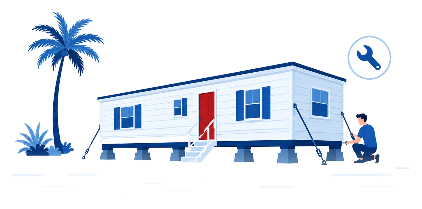 Casa prefabricada sobre pilares con anclajes y dueño revisando una correa, ilustración vectorial