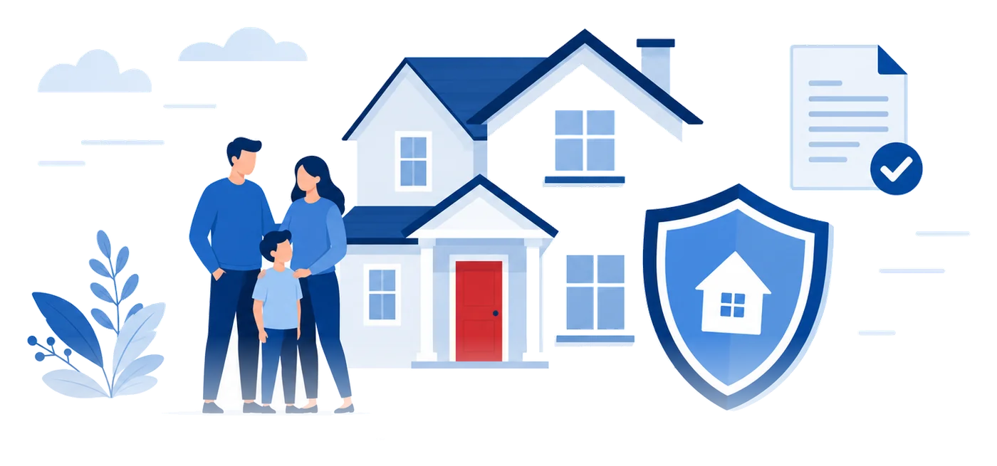 Family in front of a two-story home with a large protection shield and document emblem, flat vector illustration