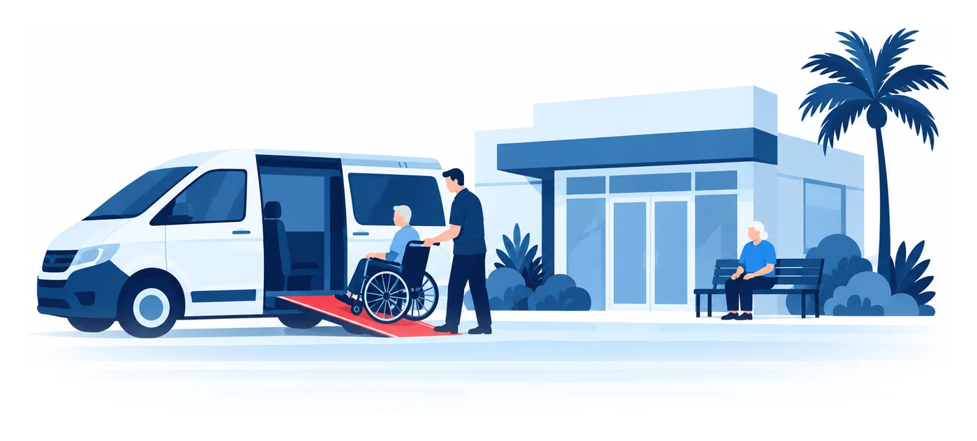A driver beside a wheelchair-accessible van with its ramp lowered as a rider rolls toward a clinic entrance, flat vector NEMT insurance illustration