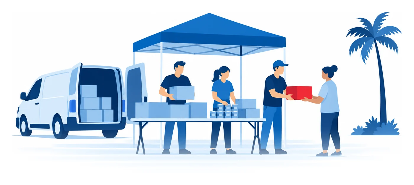 Voluntarios en una mesa de donación de alimentos bajo una carpa entregan una caja a un vecino, con una van estacionada detrás, ilustración vectorial del seguro para organizaciones sin fines de lucro