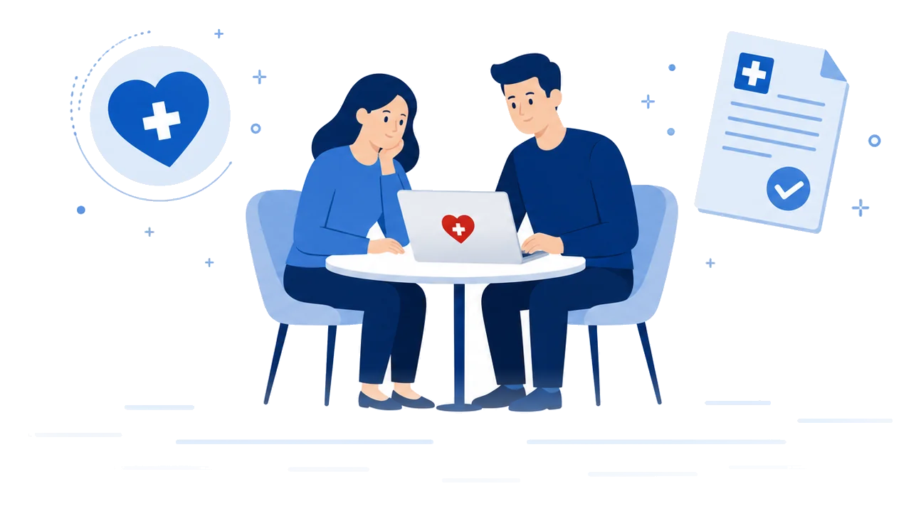 Pareja revisando planes del Mercado en una computadora, ilustración vectorial de Obamacare