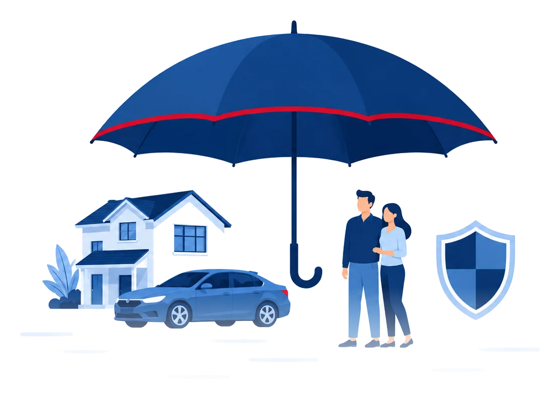 Large umbrella sheltering a house, car, and couple, flat vector personal umbrella insurance illustration