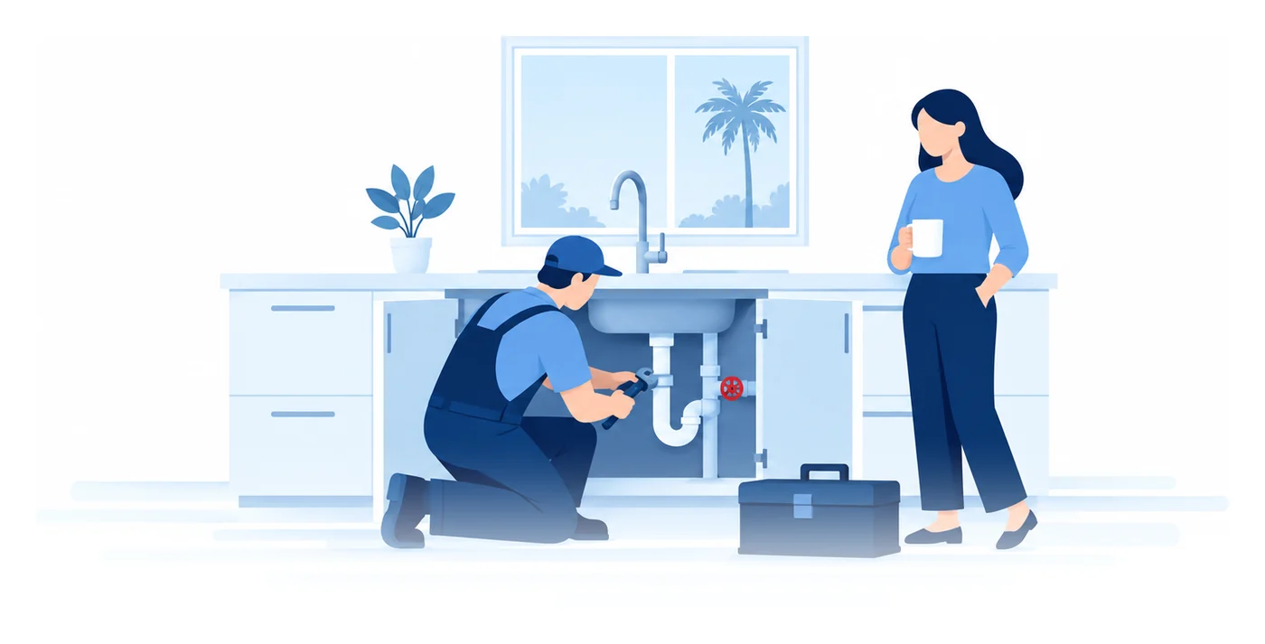 A plumber fitting a pipe under a kitchen sink while the homeowner looks on, flat vector plumbing insurance illustration