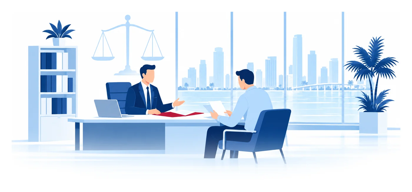 Un consultor y un cliente revisan un informe en un escritorio de oficina bajo el contorno de una balanza, ilustración vectorial del seguro de responsabilidad profesional