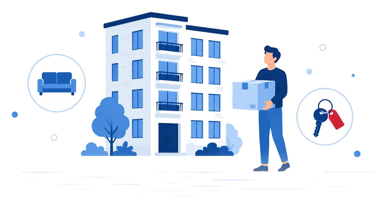 Inquilino cargando una caja junto a un edificio con emblemas de sofá y llave, ilustración vectorial