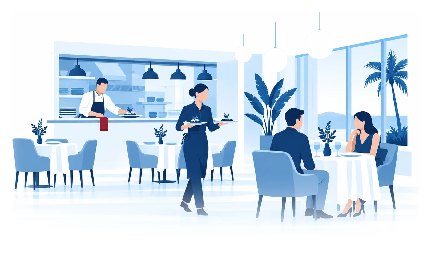 Un cocinero deja un plato en el pase mientras un mesero lleva platos a unos clientes en el comedor de un restaurante en Florida, ilustración vectorial del seguro para restaurantes