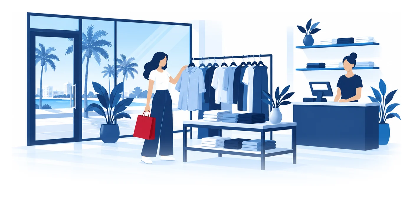 A shopper with a bag looking at a shirt in a small boutique while a clerk waits at the register, flat vector retail store insurance illustration