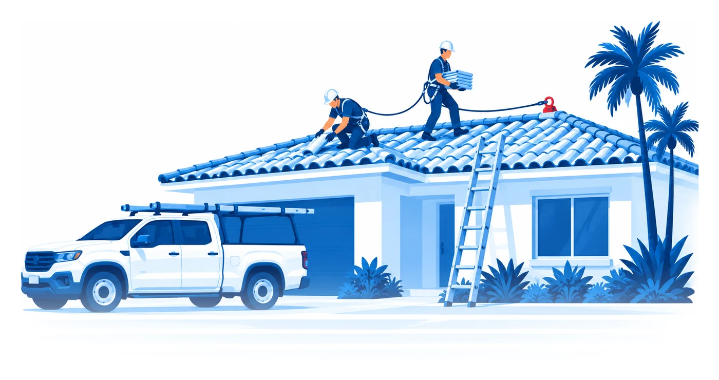 Two roofers on safety lines setting tile on a Florida house roof, a ladder and pickup truck below, flat vector roofing insurance illustration