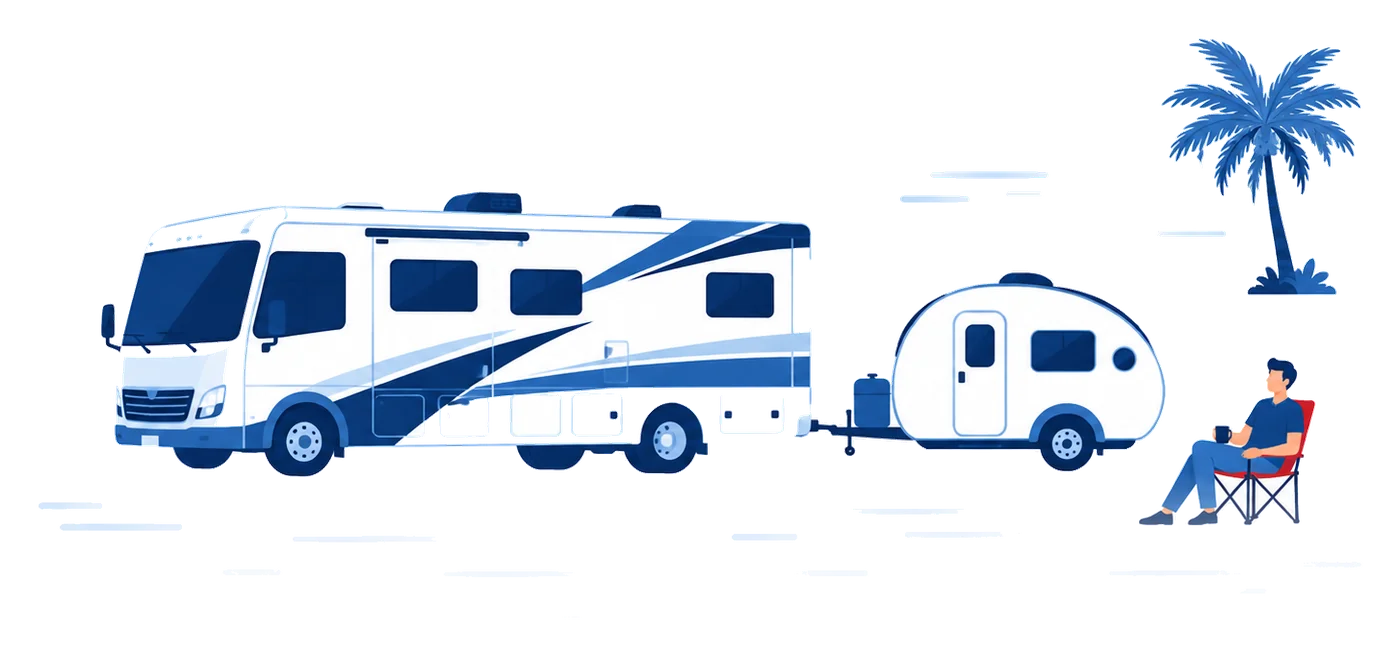 Motorhome Clase A y remolque teardrop con viajero en silla de campamento, ilustración del seguro de RV