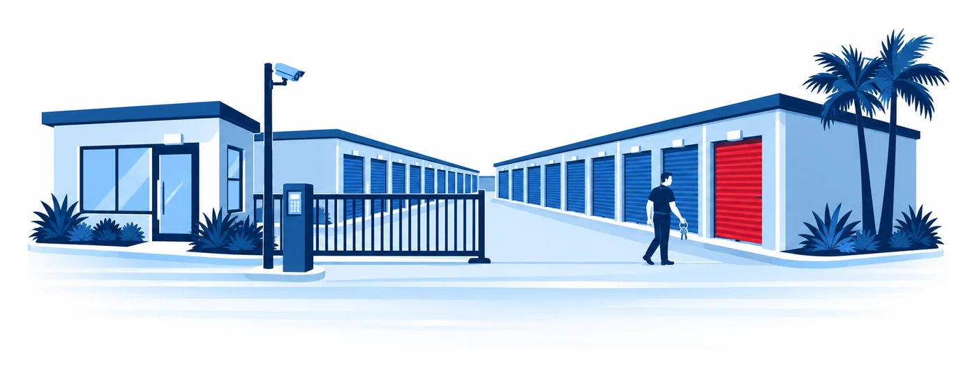 A facility owner with keys walking past rows of roll-up doors at a Florida self storage facility with a gate and camera, flat vector self storage insurance illustration