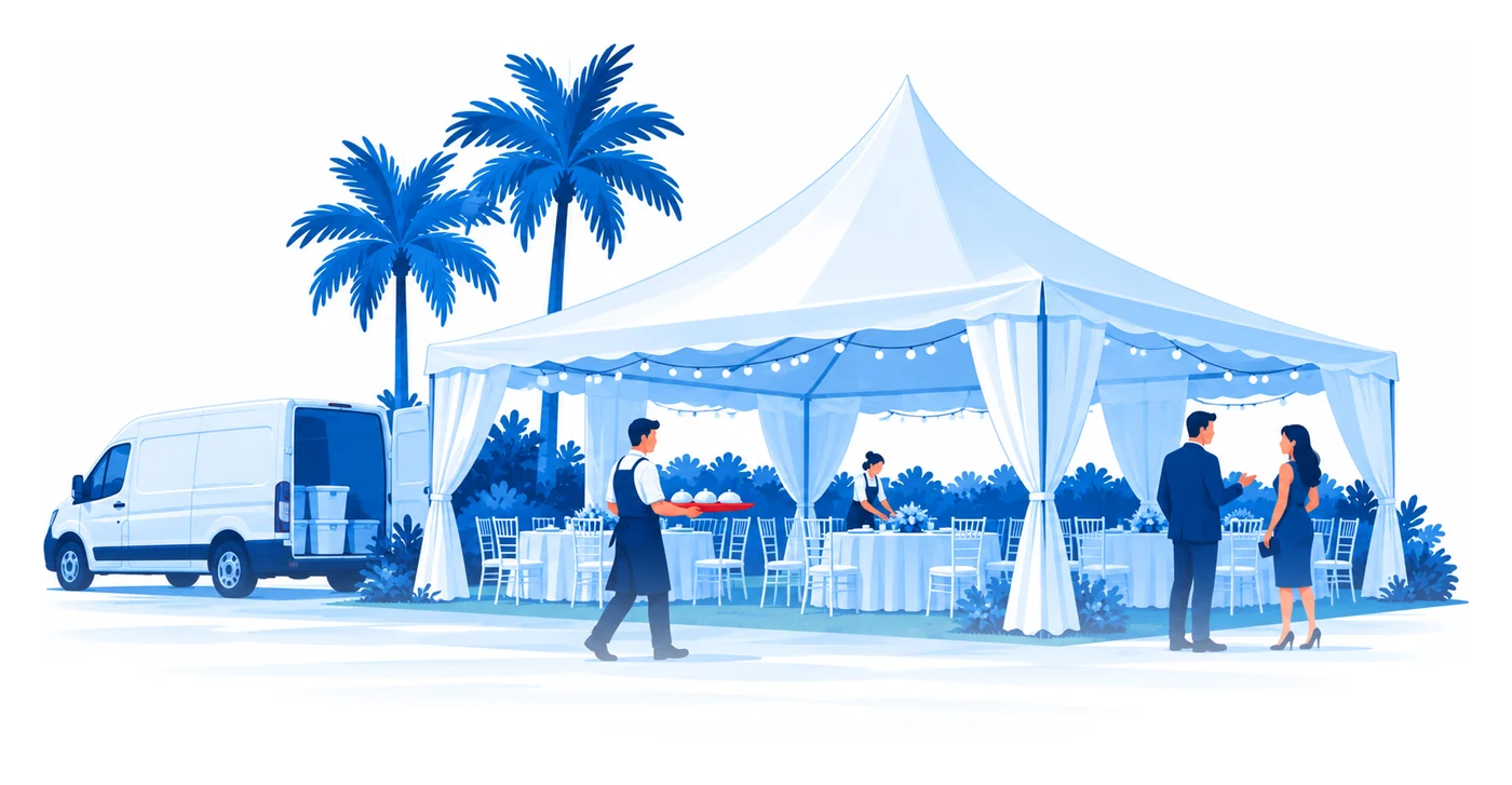 Una carpa blanca para eventos sobre el césped con mesas listas, un mesero con una bandeja e invitados en la entrada, ilustración vectorial del seguro para eventos