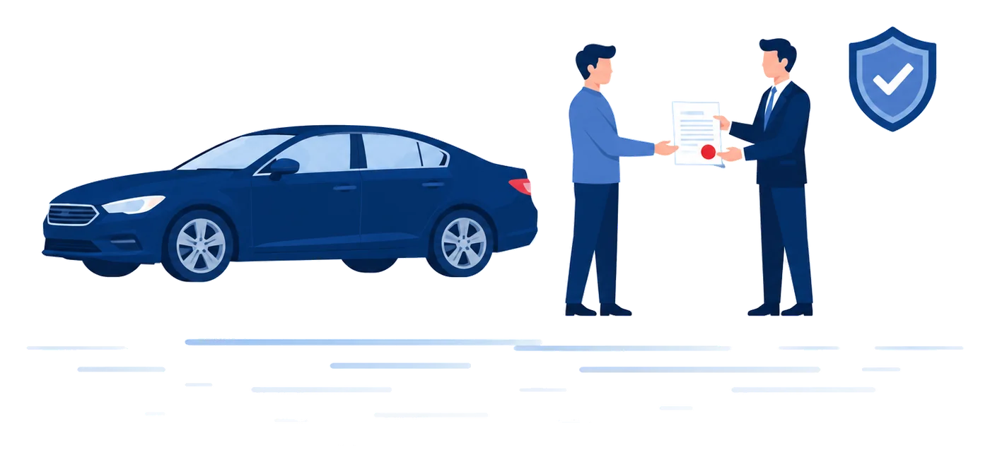 Agente entregando un documento SR-22 a un conductor junto a un sedán, ilustración vectorial