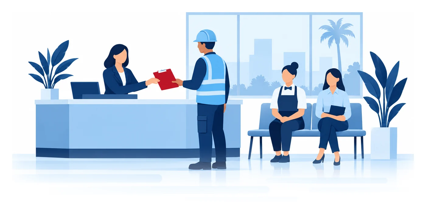 A staffing agency recruiter hands a clipboard to a worker in a hard hat while a hotel worker and an office worker wait their turn, flat vector staffing agency insurance illustration