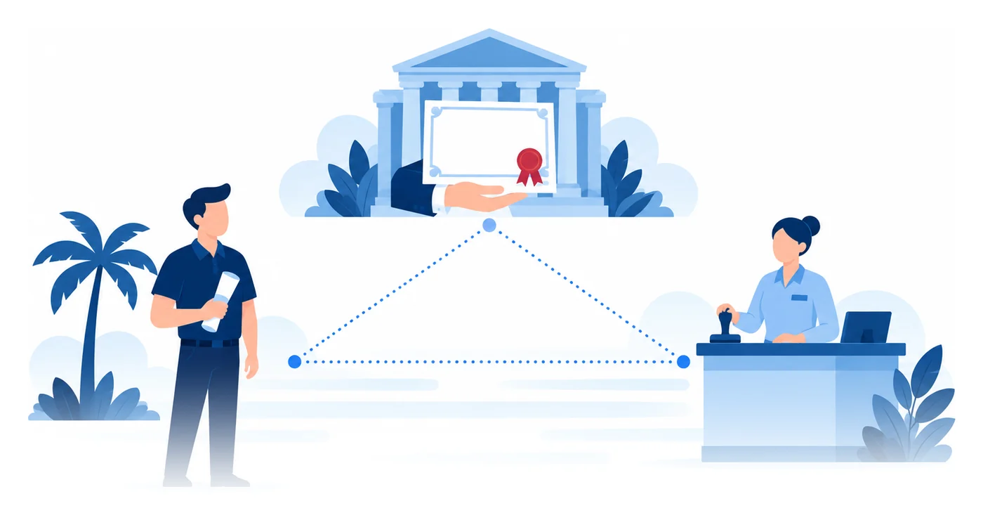 Un dueño de negocio, un funcionario de gobierno y el certificado de una afianzadora unidos por líneas punteadas, ilustración vectorial de la fianza de garantía