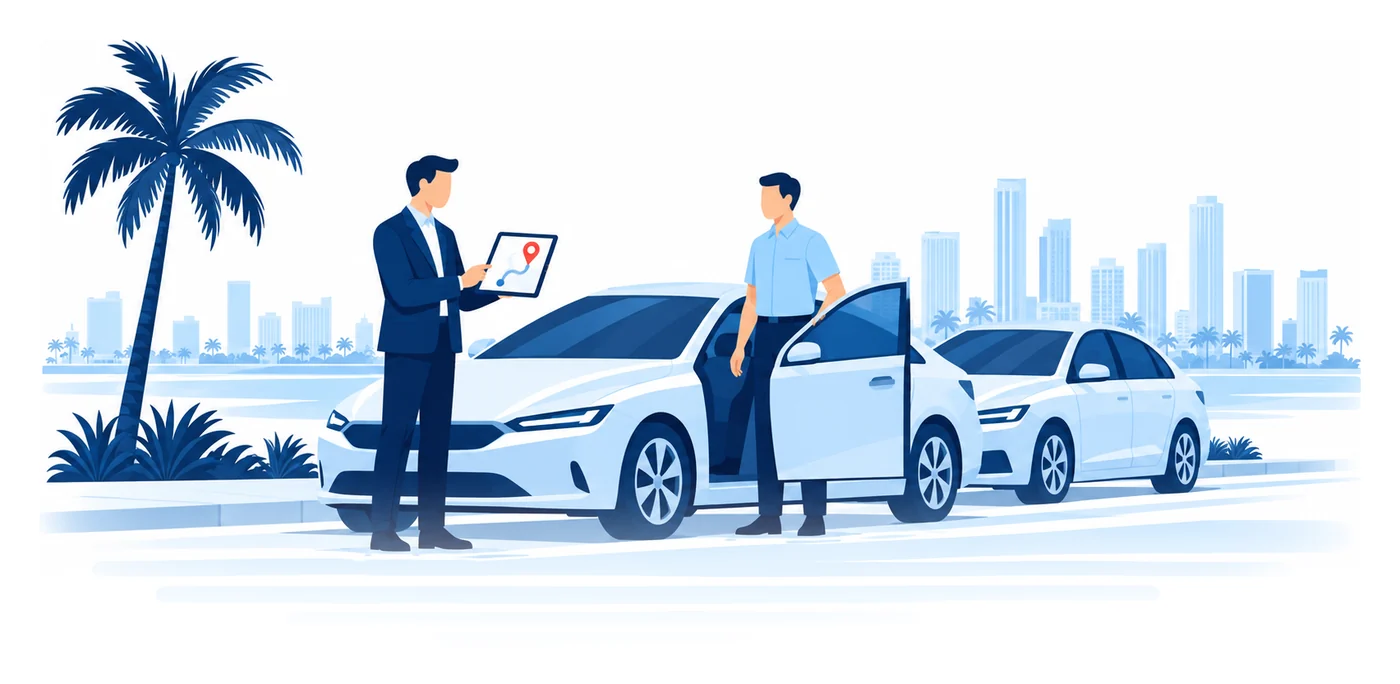 A fleet manager with a tablet and a driver at the open door of a sedan on a Miami curb, flat vector TNC and rideshare fleet insurance illustration