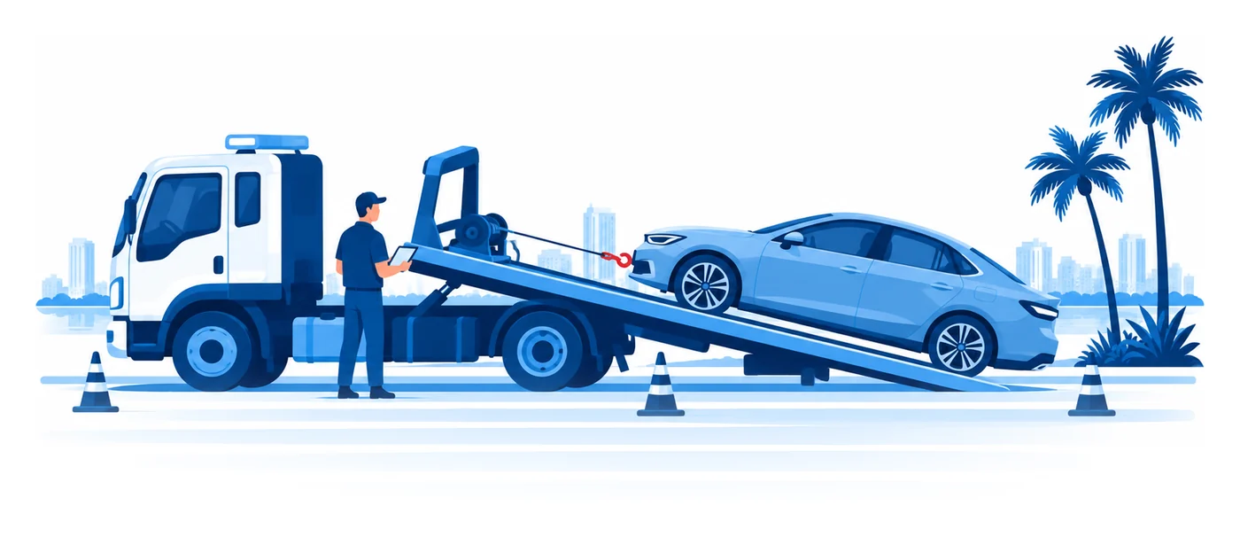 A tow operator with a tablet beside a flatbed tow truck loading a sedan at a Florida roadside, flat vector tow truck insurance illustration