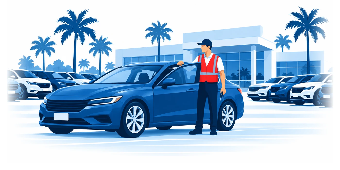 Un conductor transportista con chaleco de seguridad junto a la puerta de un sedán en un lote de dealer en Florida, ilustración vectorial del seguro de placas transporter