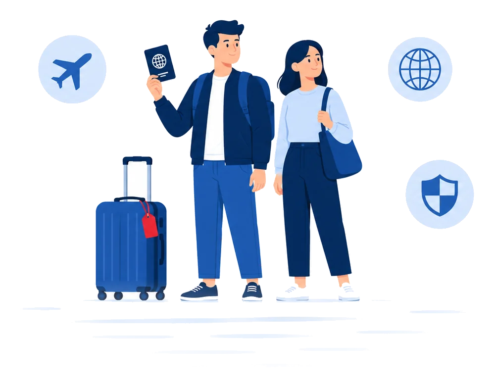 Viajeros con maleta y pasaporte junto a emblemas de avión y globo, ilustración vectorial del seguro de viaje