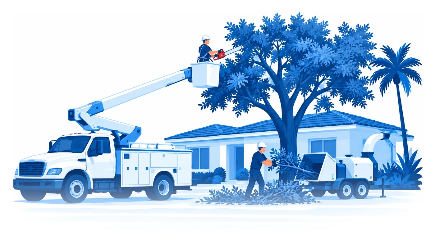A tree worker in a bucket truck trimming a shade tree beside a Florida house while a ground worker feeds a chipper, flat vector tree service insurance illustration