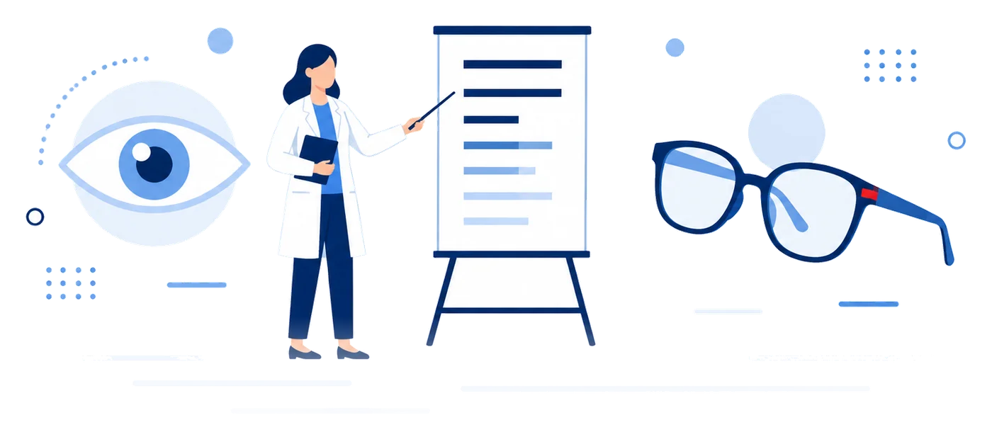 Optometrist with eye chart, eye emblem, and glasses, flat vector vision insurance illustration