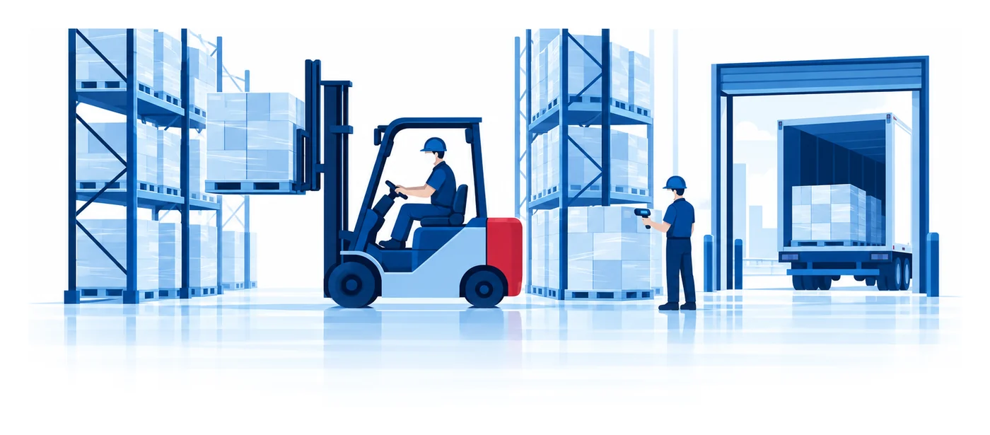 A forklift lifting a pallet between tall racks while a worker scans boxes by an open loading dock, flat vector warehouse insurance illustration