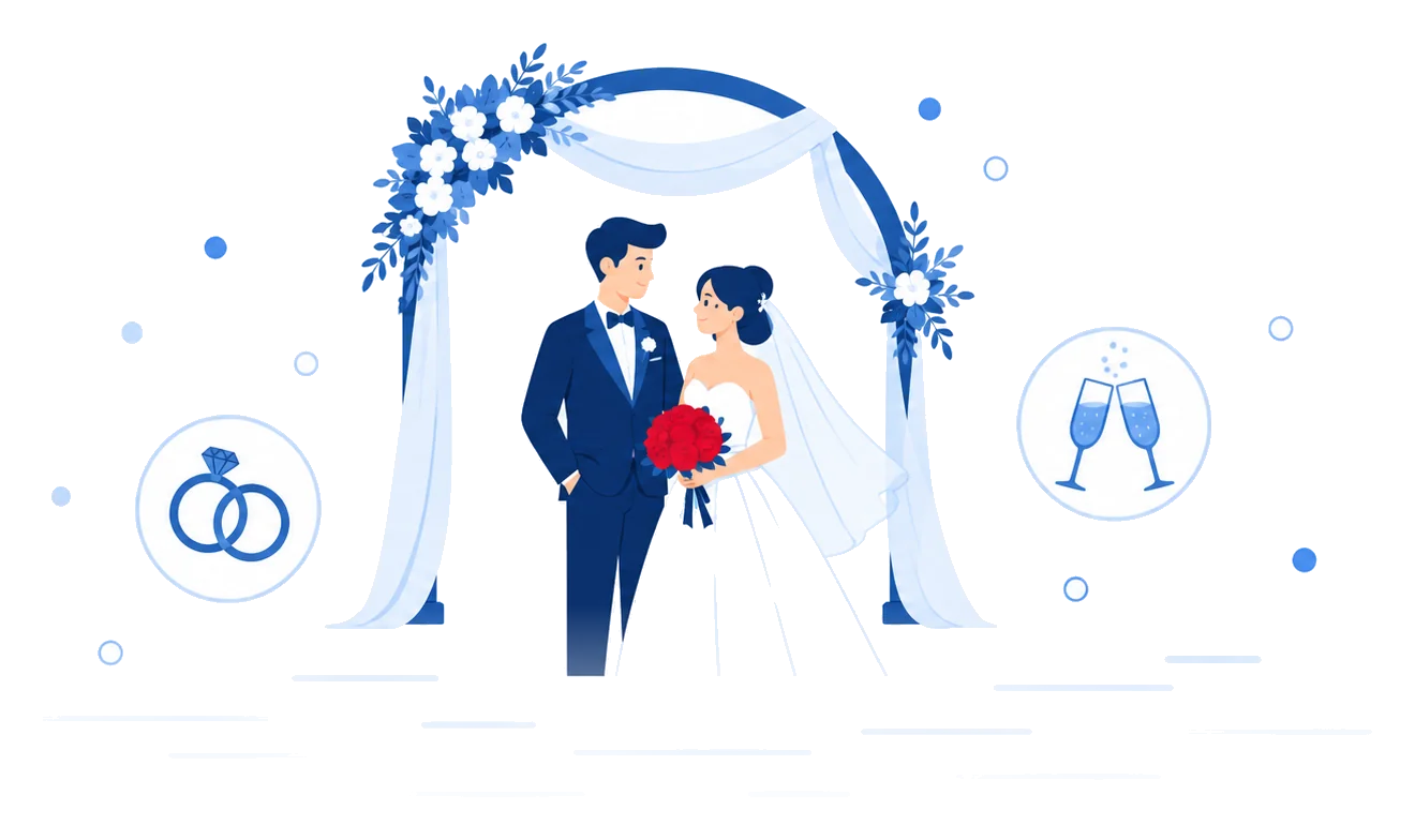 Pareja bajo un arco floral de bodas con emblemas de anillos y copas, ilustración del seguro de bodas