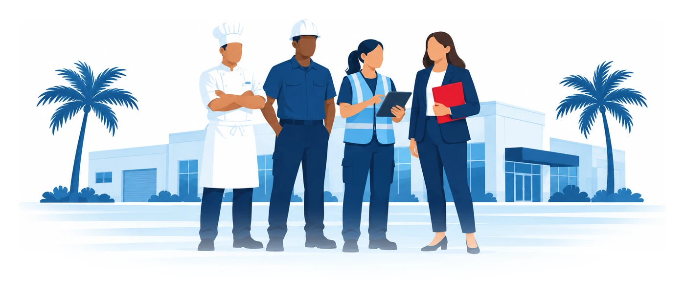 Una cocinera, un trabajador de construcción, un trabajador de almacén y una gerente de oficina frente a un negocio en Florida, ilustración vectorial del seguro de compensación laboral