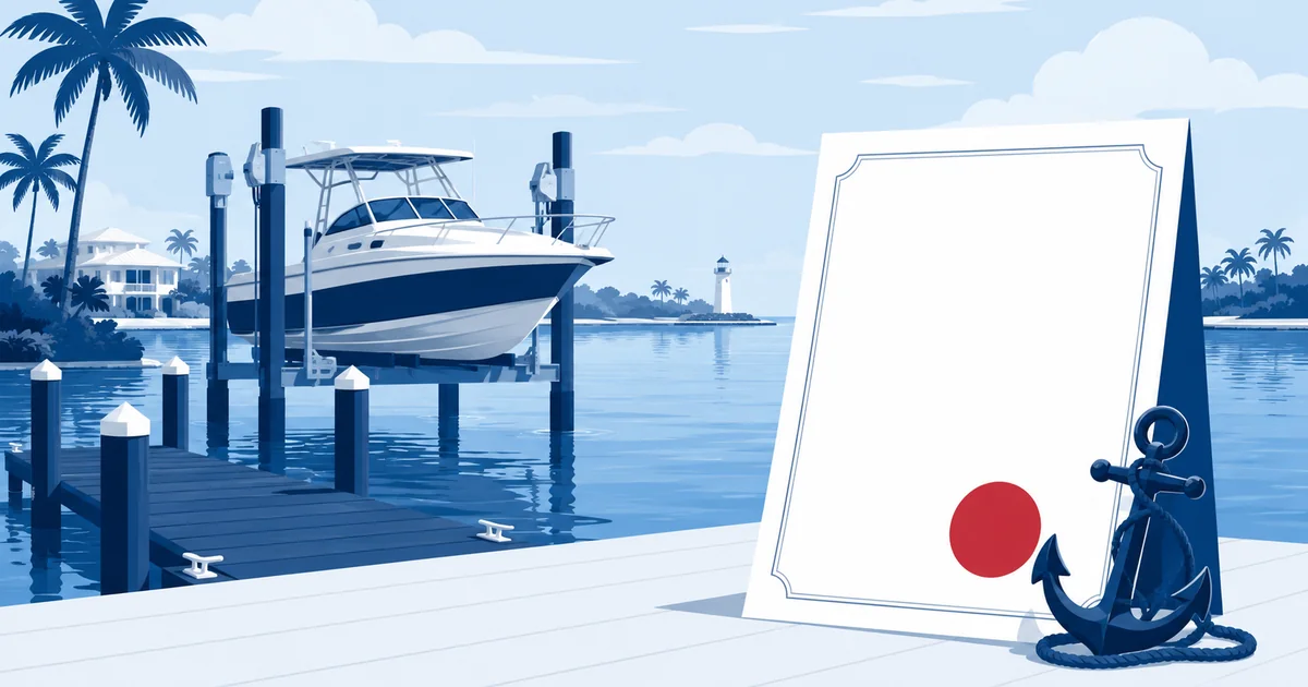Florida marina with a motorboat on a lift and palm trees, a blank policy document with a red seal in the foreground.