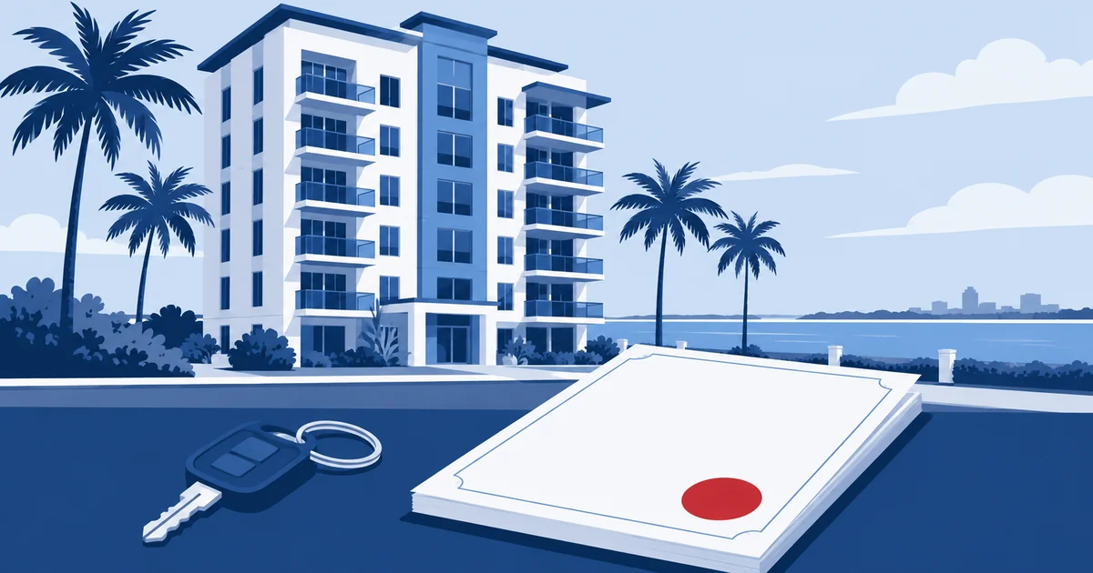 Florida condo building with palm trees, an HO-6 policy document and a key fob in the foreground with a red seal.
