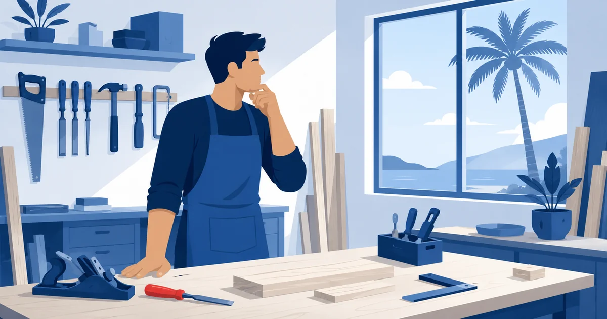 Self-employed woodworker pausing at his workbench in a bright Florida home studio, palm visible through the window.