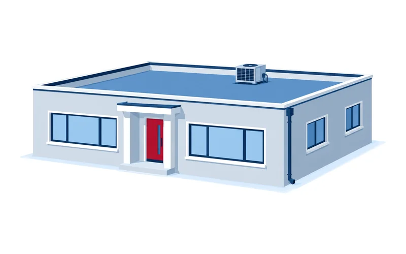 Una casa moderna de un piso con techo plano y un pretil bajo alrededor del borde.