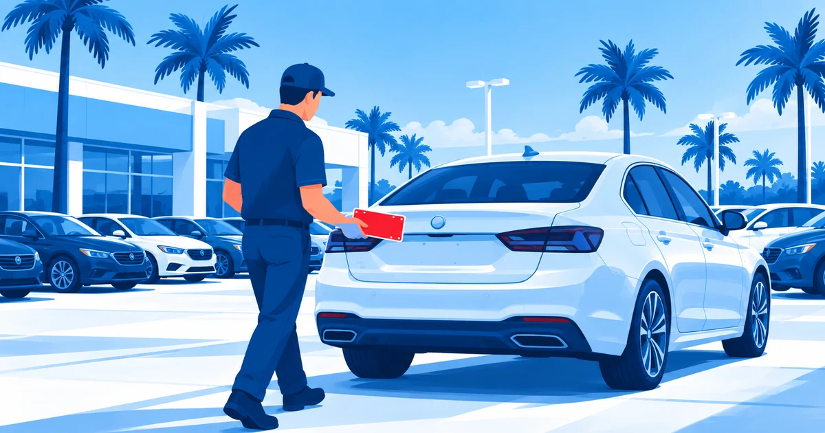 A drive-away driver carries a blank license plate toward an unplated sedan at a Florida dealer lot lined with palm trees.