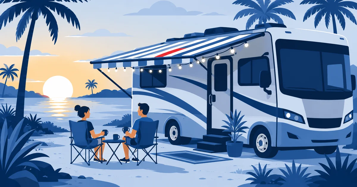 Couple relaxing beside their parked motorhome at a Florida campsite with palm trees, camp chairs and string lights set up.