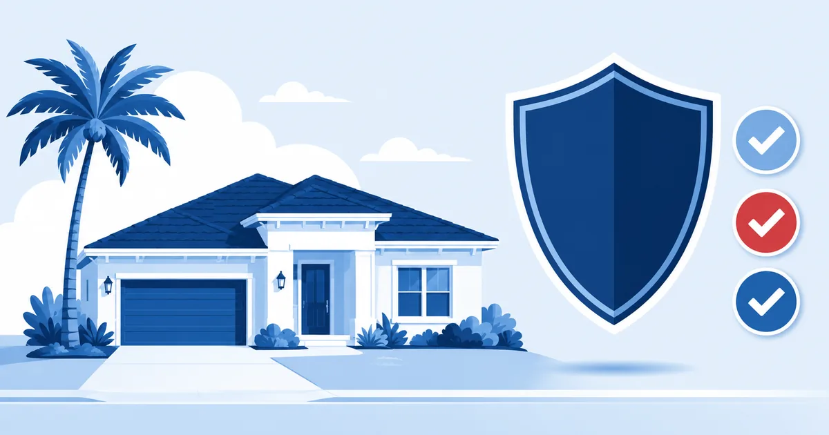 Florida home with a palm tree beside a large shield and checkmark badges, representing home insurance discounts