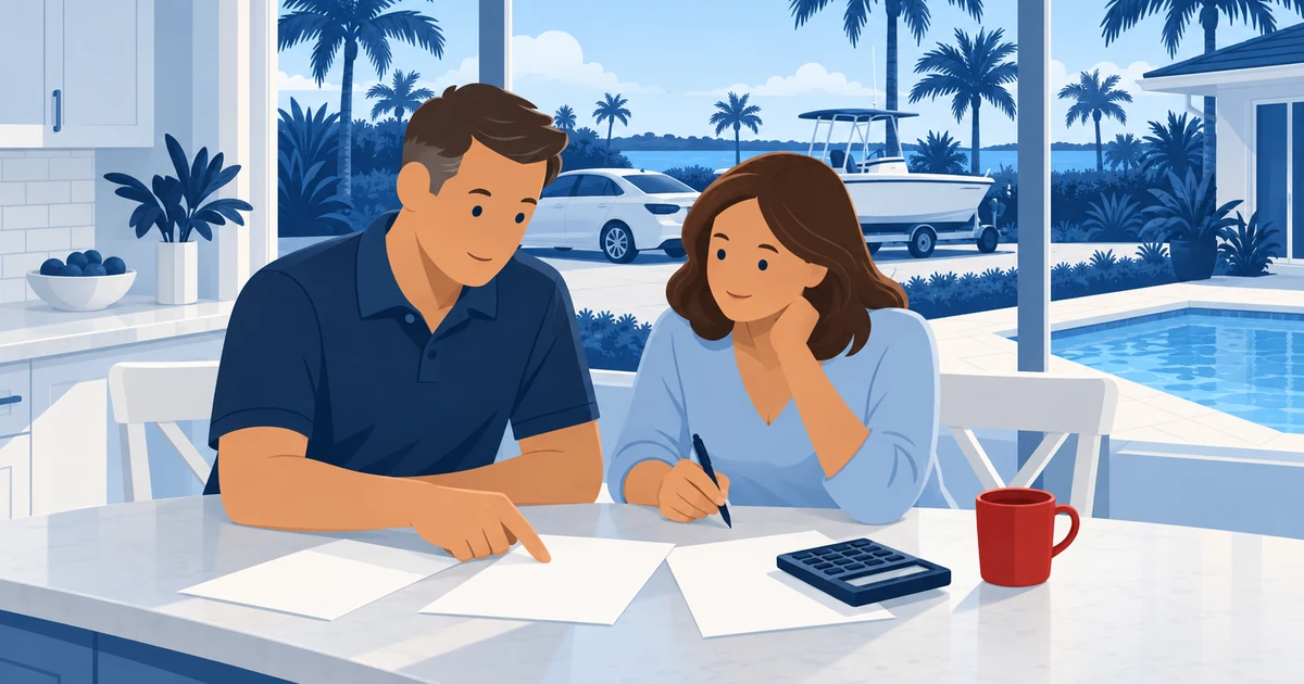 A Florida couple at their kitchen table works through bills and a calculator, their car, boat and pool visible through a wide window.