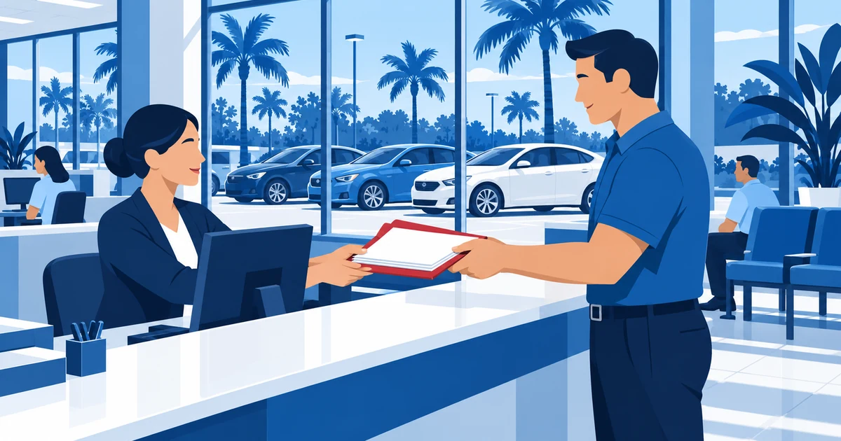 A business owner hands an application folder to a clerk at a Florida tax collector counter, with a dealer lot visible through the window.