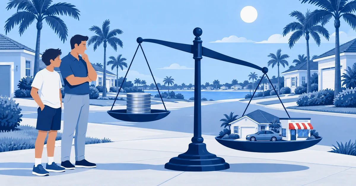 A large balance scale on a Florida street weighs a small stack of coins against a house, a family car and a corner shop.
