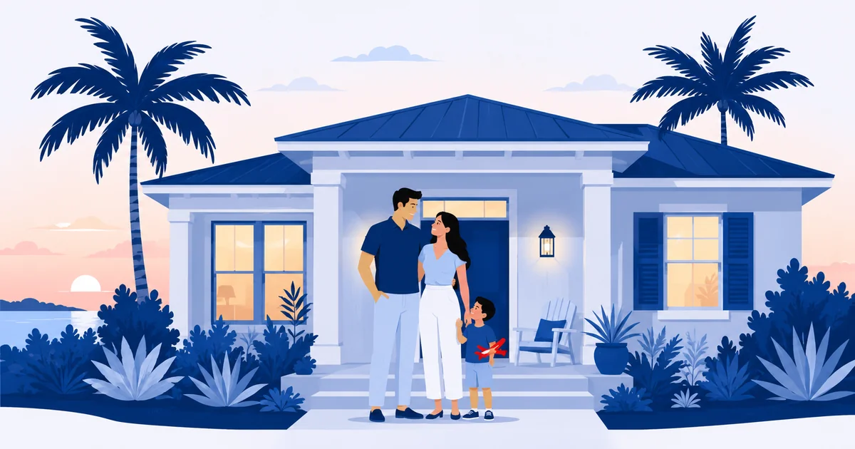 Young family with a child on the porch of a Florida home at dusk, palm trees around them and warm light in the windows.