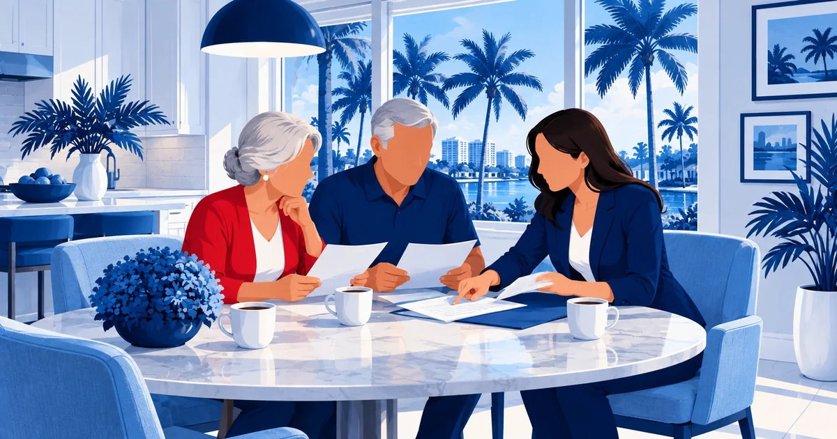 An older couple reviews papers at the kitchen table with their adult daughter in a bright Florida home, with palm trees outside the window.