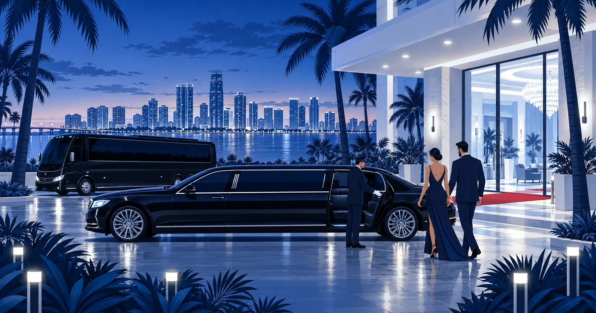 A chauffeur holds the rear door of a black stretch limousine for a couple outside a Miami hotel at dusk, with a party bus waiting behind.