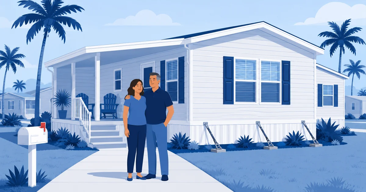 Couple standing proudly in front of their manufactured home in a Florida community, palm trees behind and tie-down anchors visible.