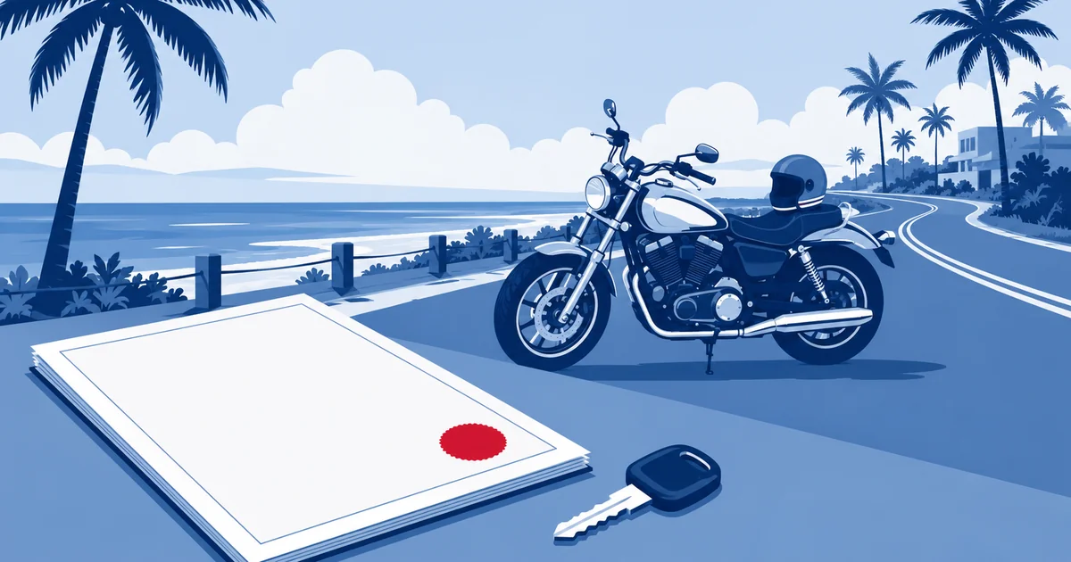 Florida coastal road with a parked motorcycle and a helmet resting on the seat, a blank policy document with a red seal in the foreground.