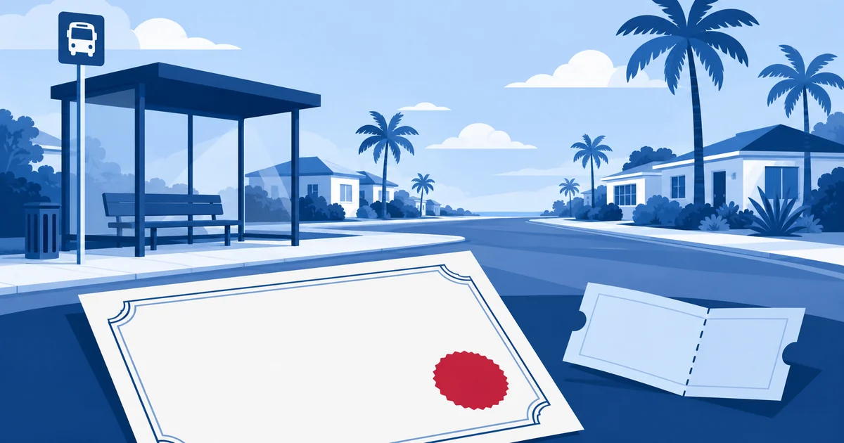 Quiet Florida street with a bus stop and palm trees, a blank filing certificate with a red seal and a bus ticket in the foreground.