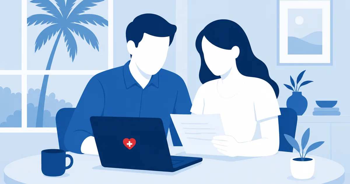 Florida couple reviewing Obamacare Marketplace plan options on a laptop at home