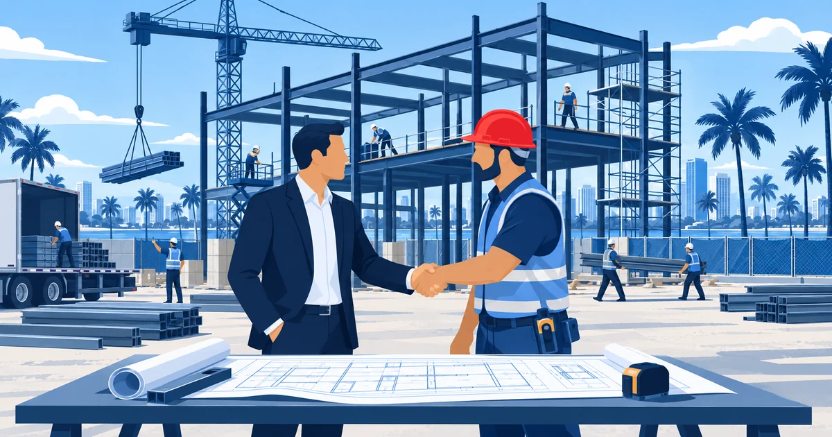 A contractor and a project owner shake hands over rolled blueprints on a Florida construction site as a steel building frame and a tower crane rise behind them.