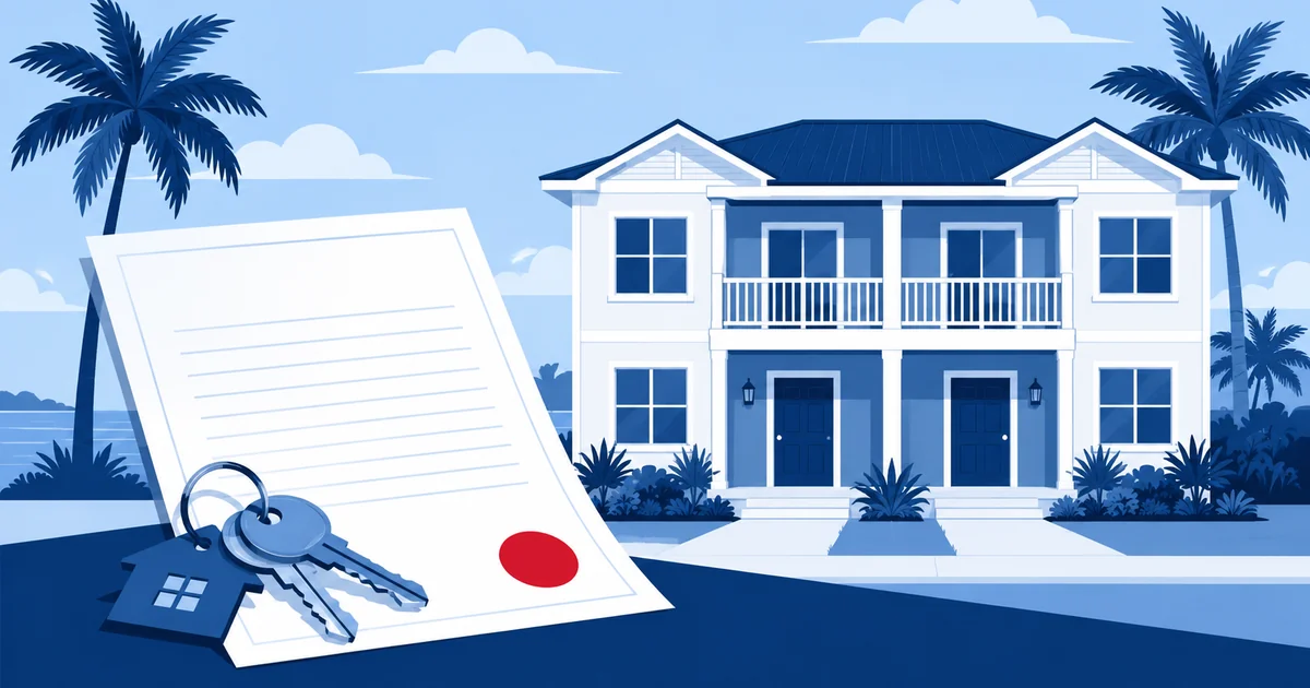 Landlord holding a document folder in front of a small two-story rental building sheltered by an umbrella symbol.