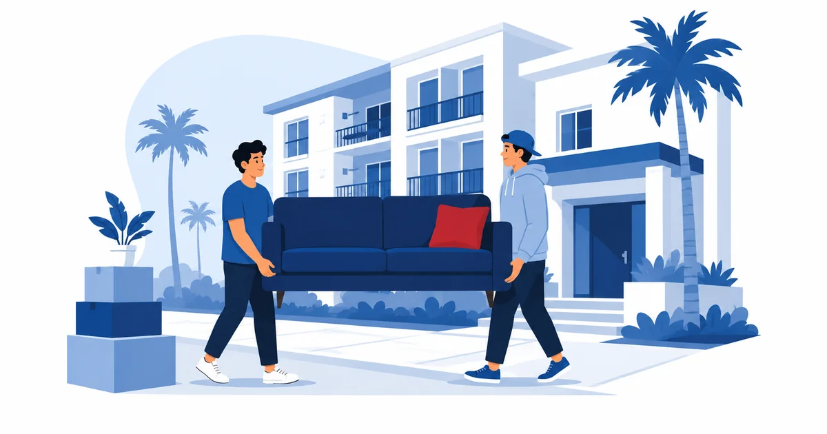Two roommates carrying a sofa toward a Florida apartment building entrance with palm trees, moving boxes beside them.